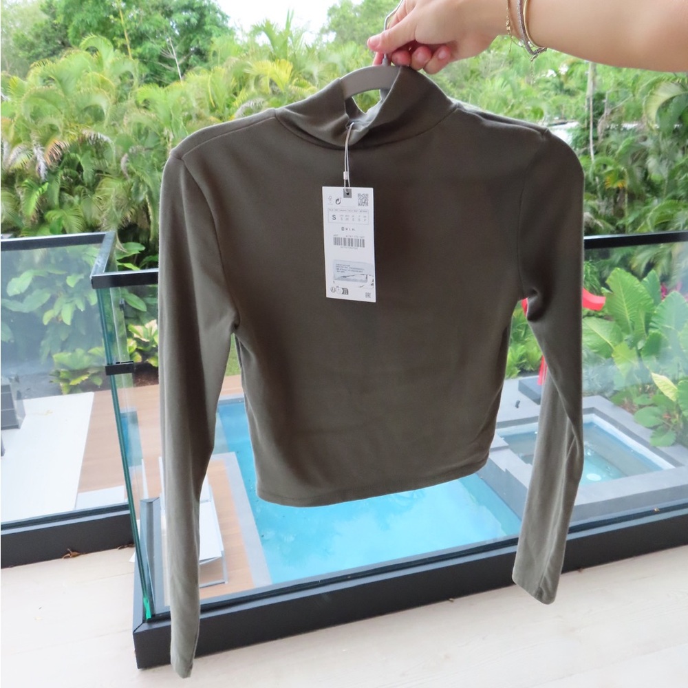 Zara Olive Green Women's Turtle Neck Long Sleeve Top